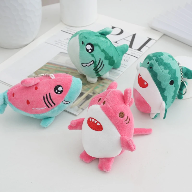 Desenhos animados Melancia Tubarão Plush Chaveiro, bonito Kawaii macio recheado boneca, saco pingente, chaveiro, presente de aniversário