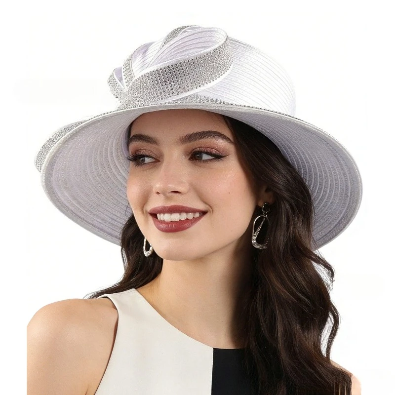 Deluxe New Rhinestones Church Party Banquet Satin Cloth Photography Hats Premium Formal Hat Flower Top Cap For Women Wedding Hat