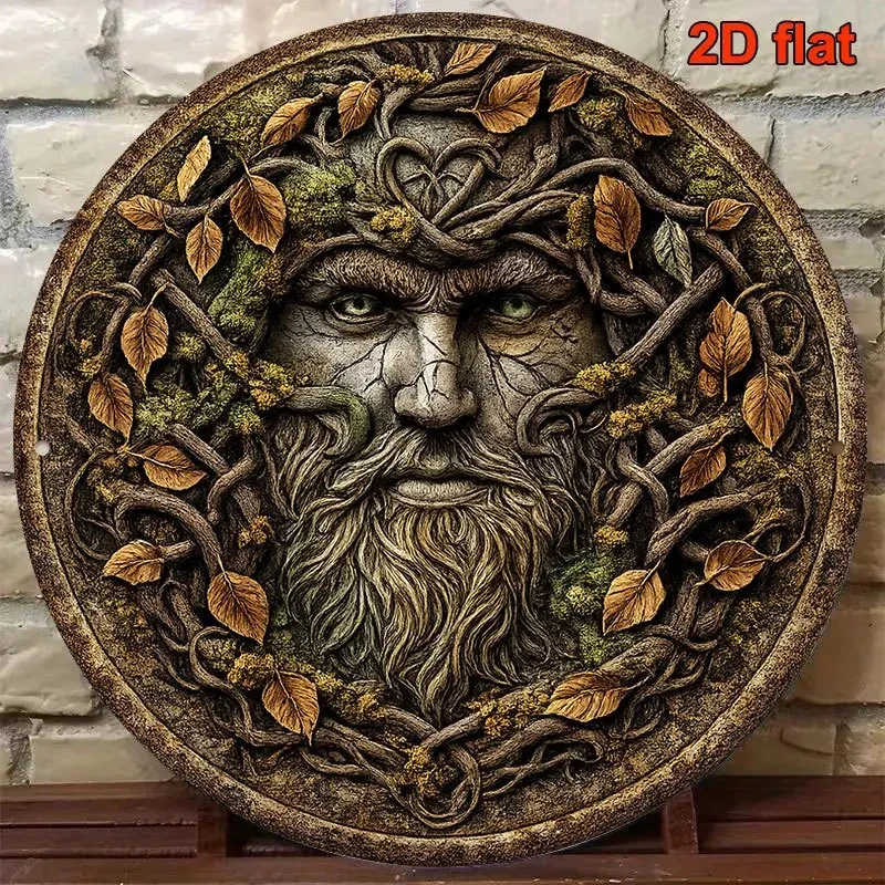 Vintage Moss Green Tree Face Round Tin Sign, 2D Flat Natural Elf Hanging Ornament, Pagan Celtic Garden Decoration