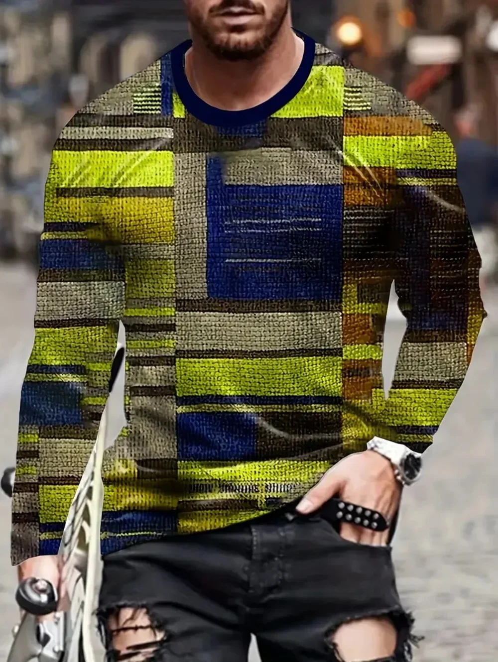 Herren Langarm-T-Shirt aus Polyester mit 3D-Druck, Vintage-Bürstertextur, geometrischem Grafikmuster, Rundhalsausschnitt, lässige Streetwear-Oberteile – Detail 9