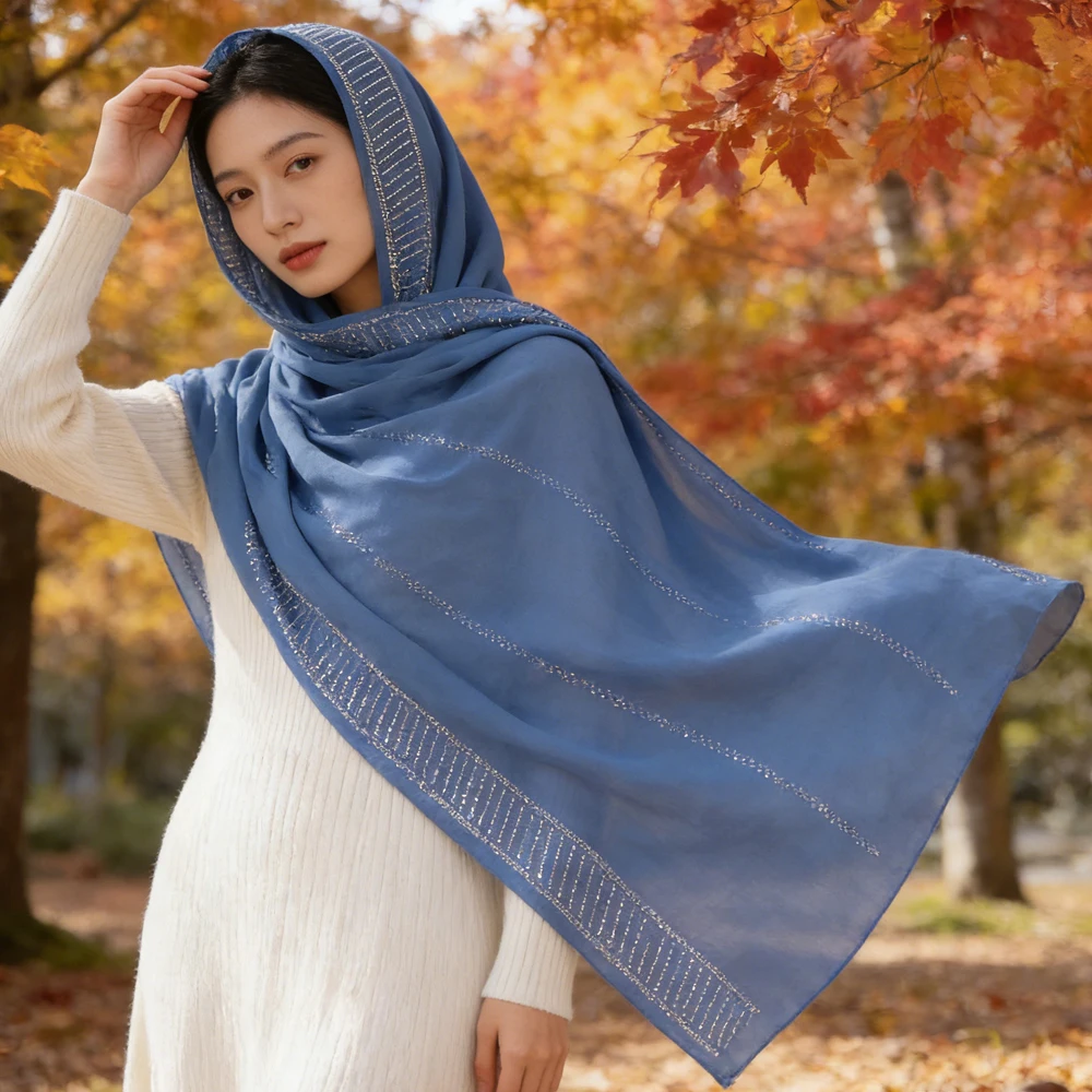 

Высококачественный шифоновый длинный шарф с жемчугом и стразами, женский мусульманский хиджаб, шаль, тюрбан, исламский головной убор, бандана, фулярд, платок