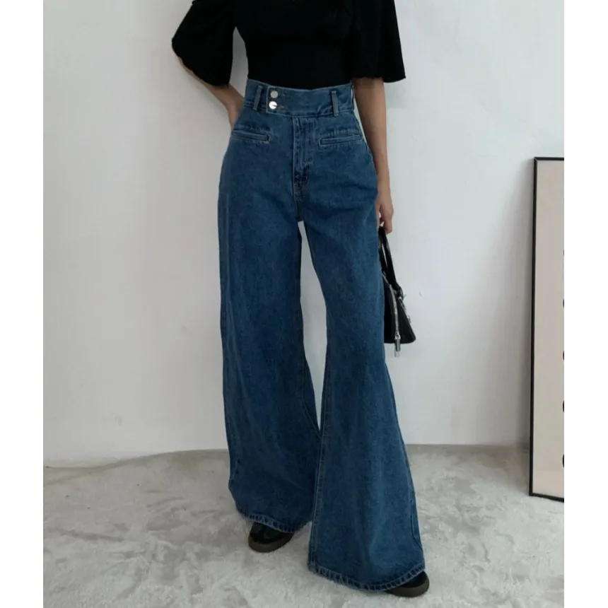 

Широкие повседневные брюки с высокой талией, женские шикарные универсальные ретро-брюки с двумя пуговицами, асимметричный дизайн, темно-синие джинсовые длинные брюки