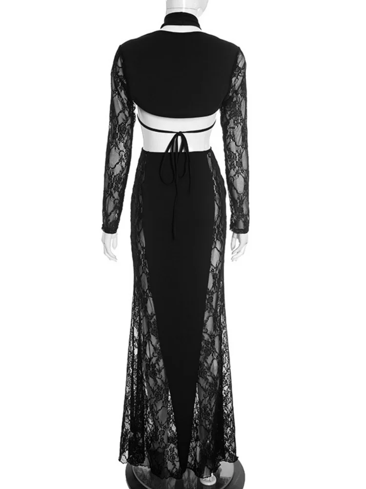 Wmstar vestidos para mulheres atacado vestido feminino sexy renda halter e cordão emparelhado manga comprida xale gota compras