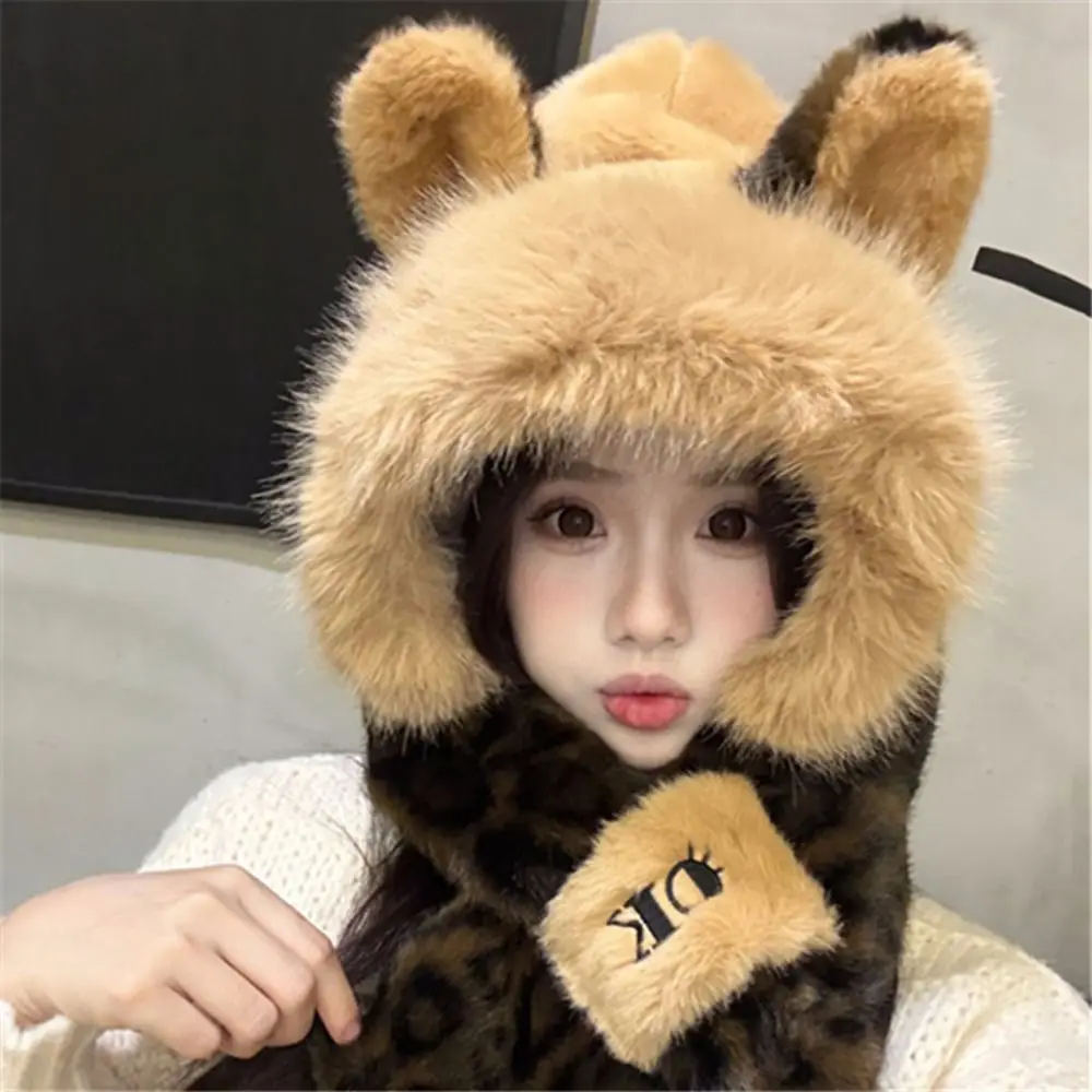 Practical 2 in 1 Hooded Scarf Set Thick Warm Lining Leopard Print Fox Ear Hat Scarf Kawaii Faux Fur Winter Scarf Winter Outdoor