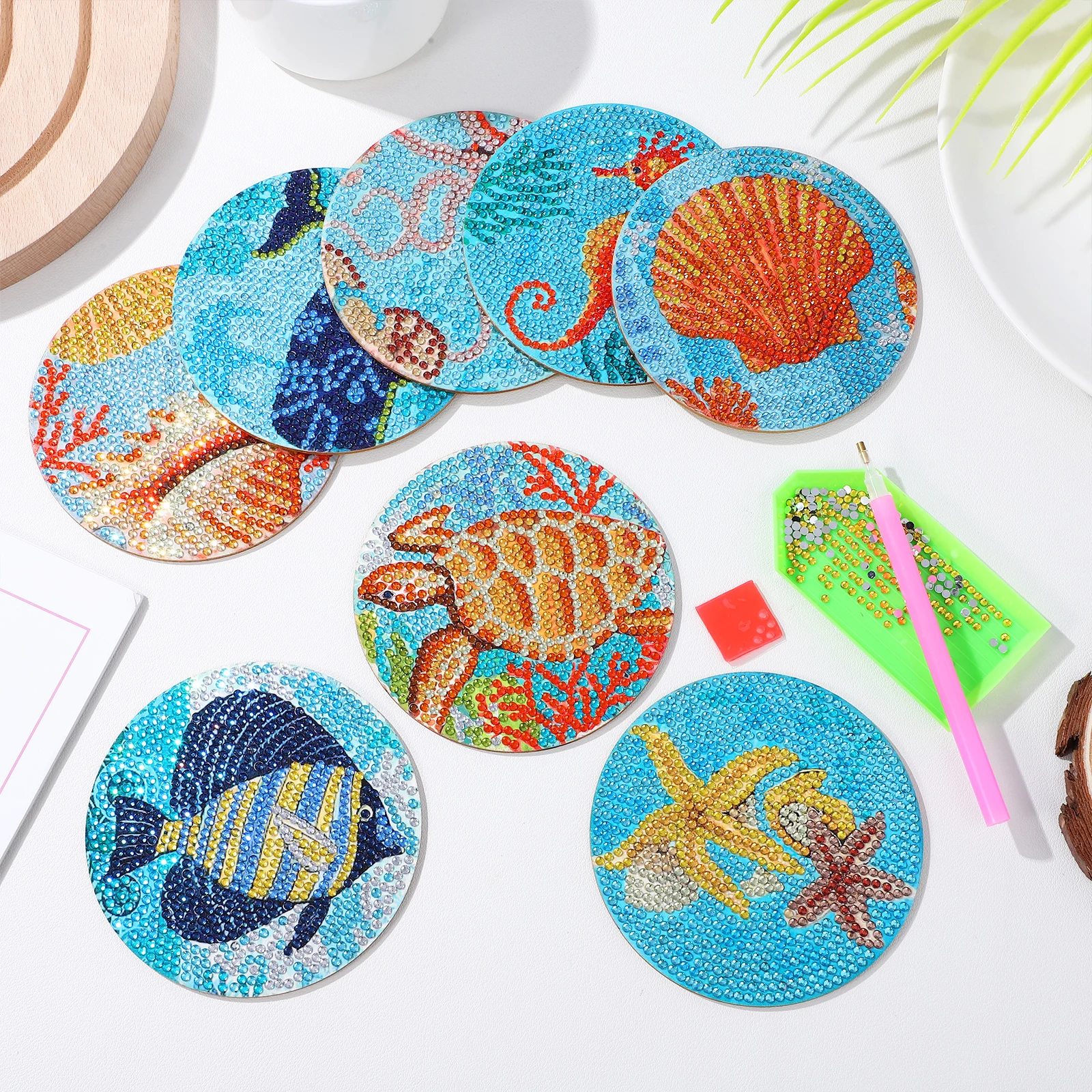 

8pcs Marine Life Coaster Diamond Dots DIY Craft Rhinestone Decorative Wooden Cup Pads Heat Resistant Aesthetic Drink Coasters