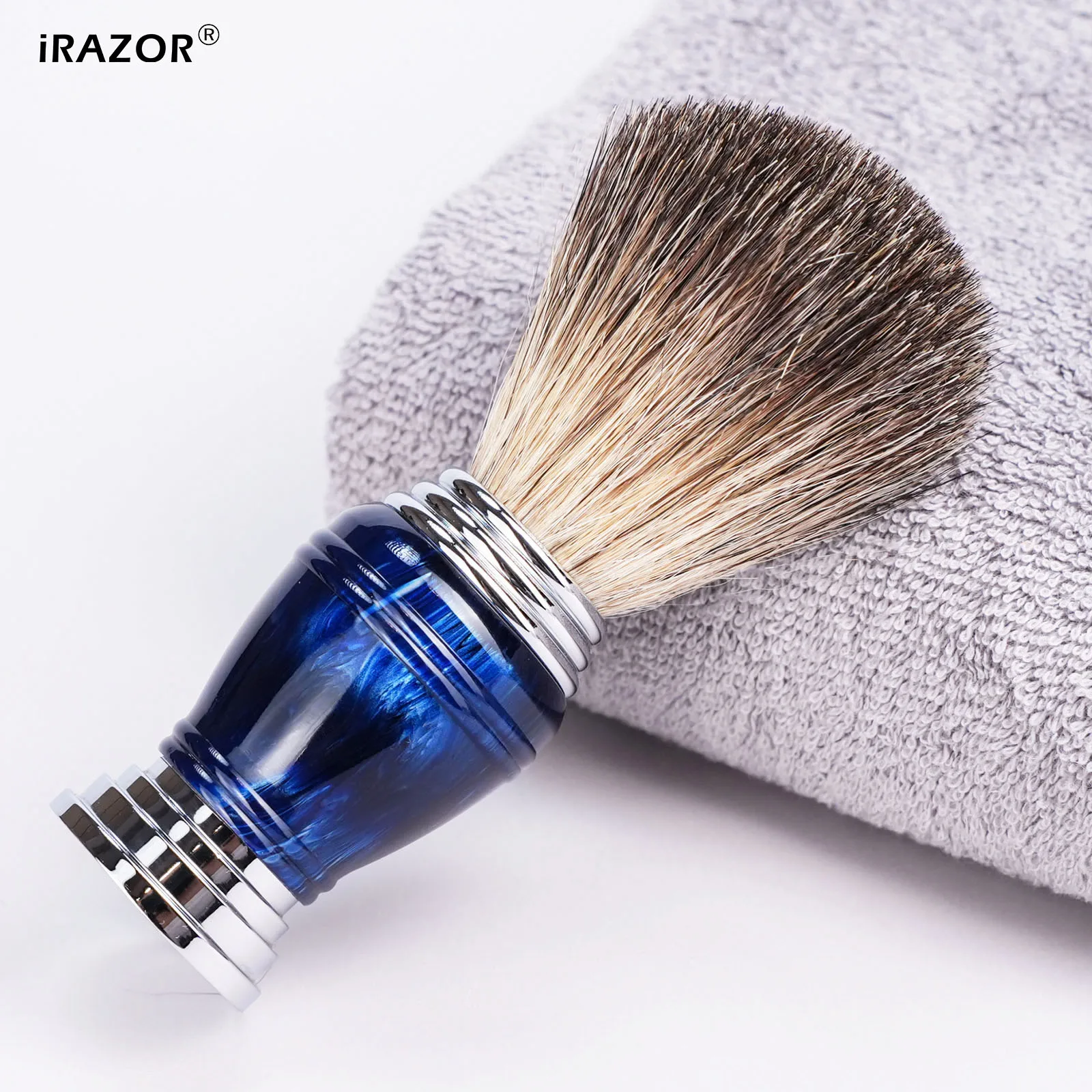 iRAZOR Premium Shaving Brush for Shaver Men with Natural Hair Space Blue Resin Handle Wet Shave Barber Beard Grooming Tool Gift