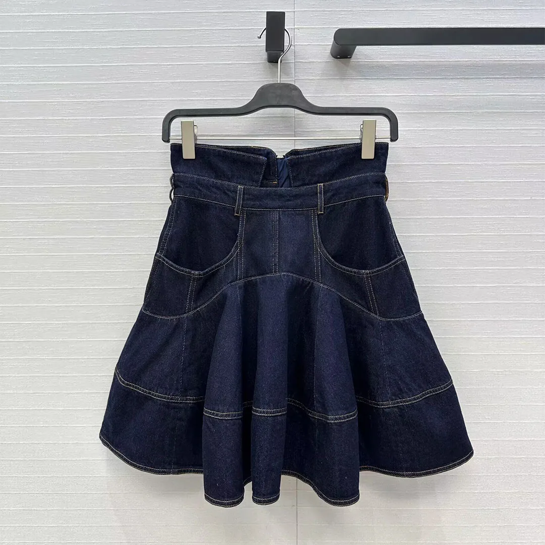 

2025 New Autumn Vintage Denim Midi Skirts Womens Zipper High Waist Pockets Patchwork Ruffles Ball Gown Loose Sweet Boho Skirt
