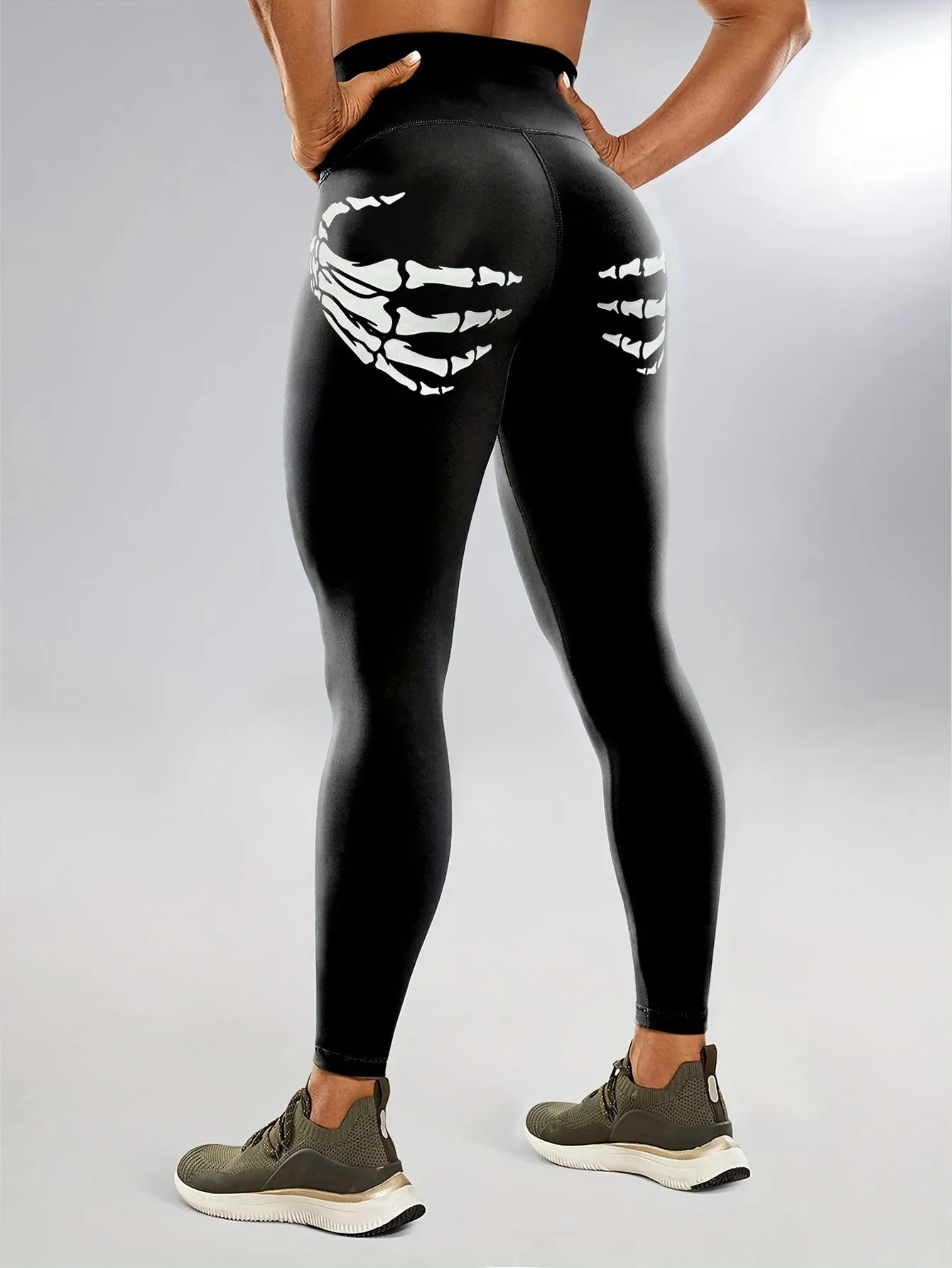 Halloween-Skeletthand Fluoreszierend Bedruckte Hochtaillierte Yoga-Hose Hochelastische Fitness-Strumpfhose – Detail 5