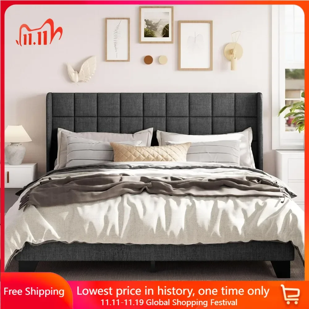 

King Size Bed Frame with Wingback，Upholstered Square Stitched Headboard & Wooden Slats，Box Spring Optional，Bed Frame