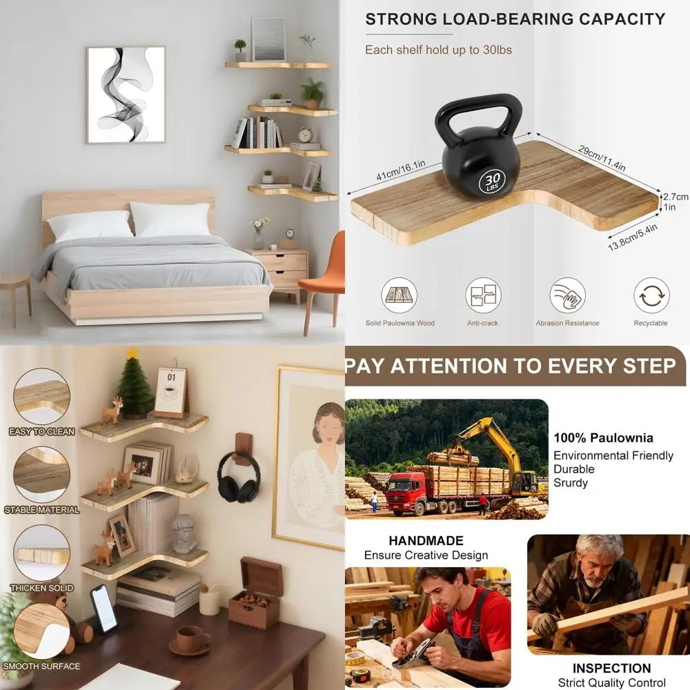 

Set of 3 Solid Wood Floating Corner Shelves, Wall Mounted Storage for Home, Suitable for Various Rooms in Light Burnt Finish