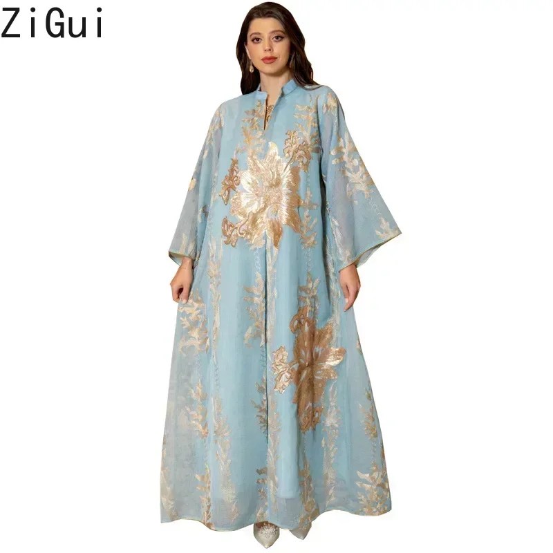 Zigui Elegant Kaftan Dress Women Party Dress Gold Embroidery Sequin Light Blue Chiffon Abaya Muslim Women Clothing Dress