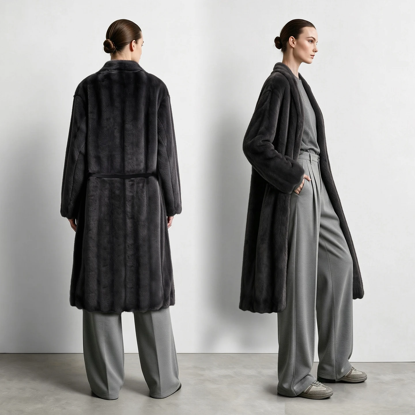 Amii Long Women's Coat 2026 Winter New Commuter V-neck Leather Belt Faux Fur Coat Elegant Warm Loose Outerwear Top 12654014