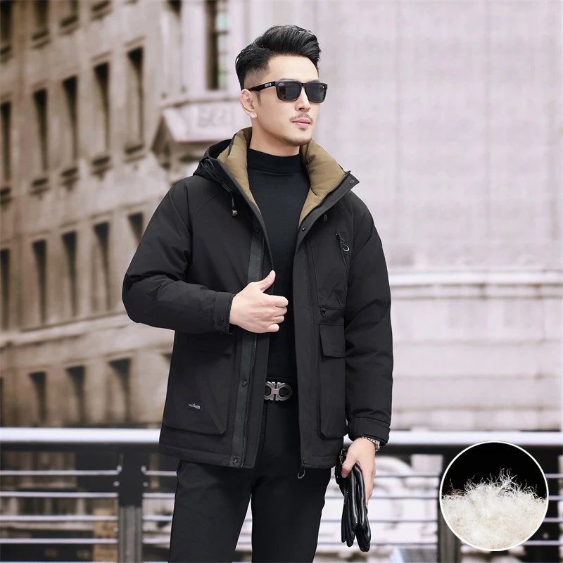 Men's down jacket, national standard white duck down filled workwear warm jacket, autumn and winter hooded casual parka