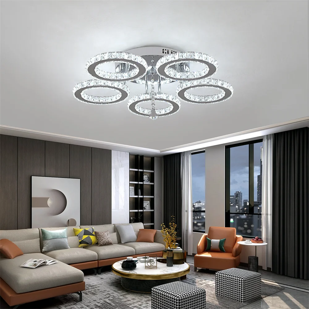 Modern Crystal Chandelier with App Dimmable Ceiling Light Fixture Rings Shape Flush Mount Chandelier for Bedroom Living Room 4