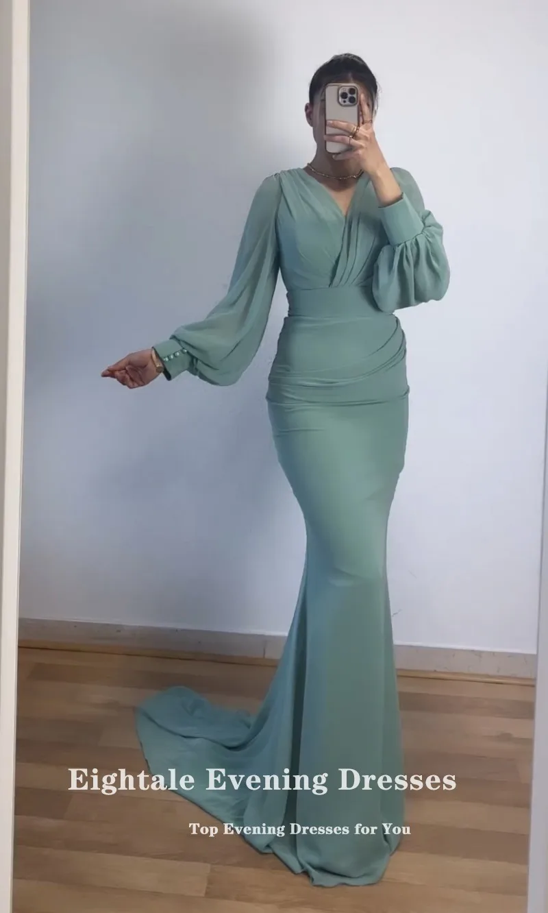 Eightale Arabic Evening Dress for Wedding Party Chiffon V-Neck Customized Long Sleeve Mermaid Pleats Prom Gowns Celebrity Dress