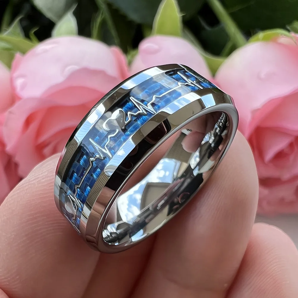 Fashion 8mm SilverBlue Carbon Fiber Heart Inlay Tungsten Carbide Engagement Rings Wedding Bands Domed Polished Shiny Comfort Fit