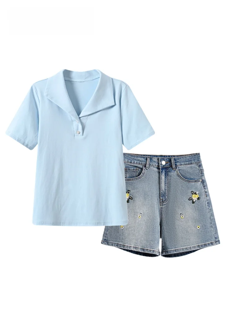 

Summer New Style College Wind Denim Short Sleeve T-Shirt And Shorts Set for plus Size Women Fashionable And Versatile