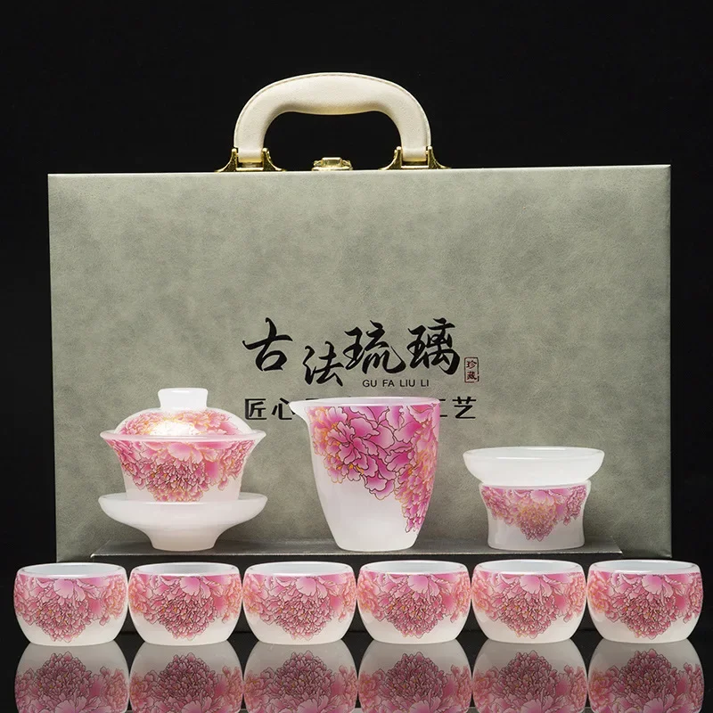 Handmade Flower Glazed Tea Set for Home Light Luxury High-end Kung Fu High-end Teacup Cover Bowl Office Gift Tool Set Teacups