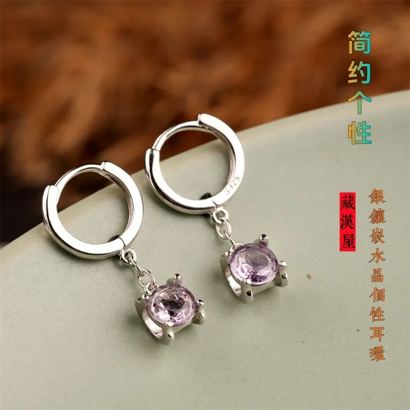 Fine Chic Minimalist Vintage Sterling Silver Inlaid Amethyst Drop Earring Cuff for Women Daily Wear Elegant Handmade Accessory