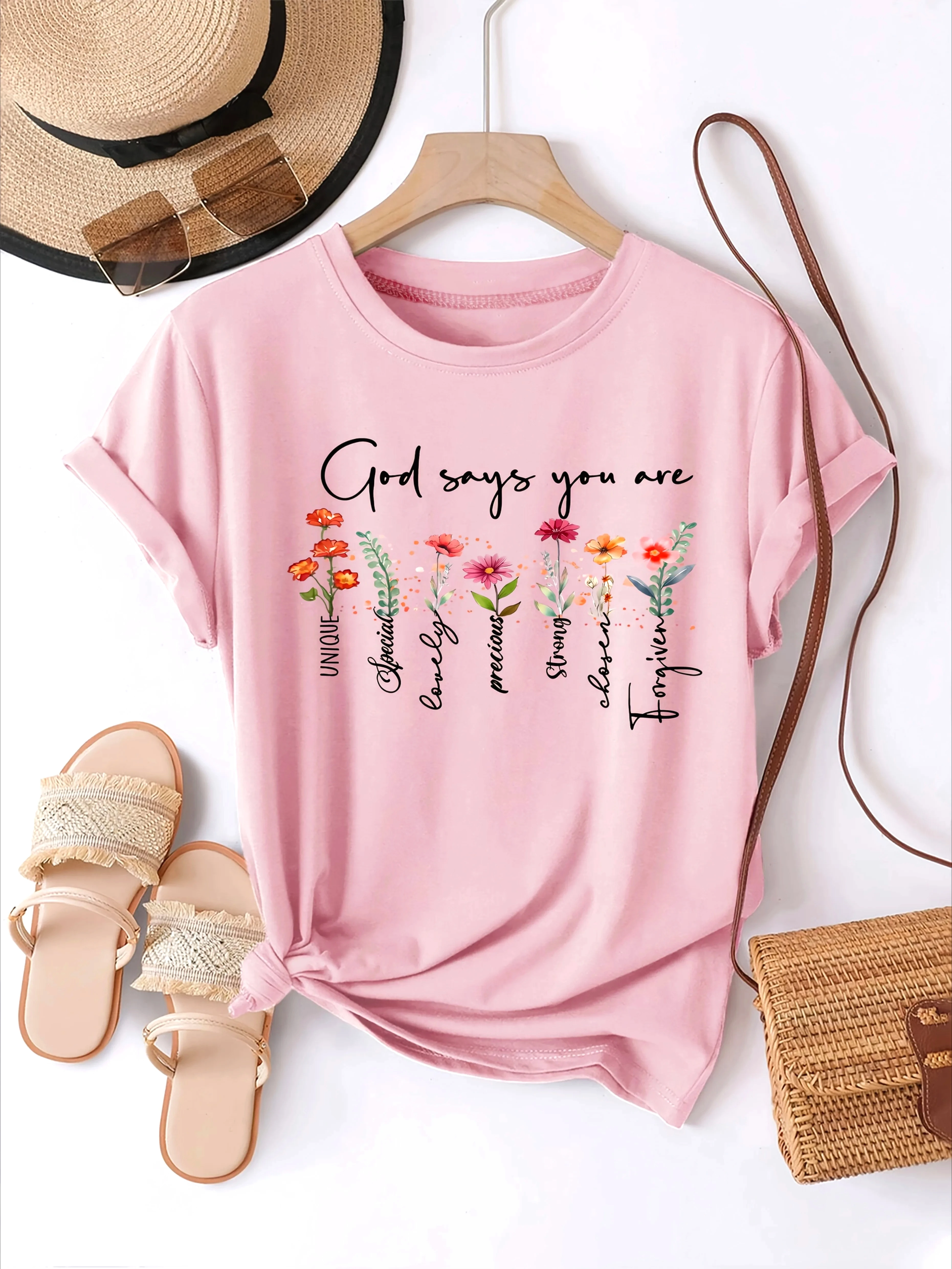 Christian Inspired Floral Print Women'S T-Shirt God Says You Arew Vibrant Flowers Casual Crew Neck Sleeve Comfort Wear Clothing