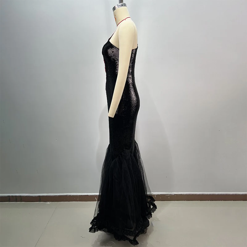 Nachtclub Party Festival Kleider Schwarz Pailletten Feiern Abendkleid Frauen Laufsteg Outfit Bühne Jazz Dance Kostüm XS10264