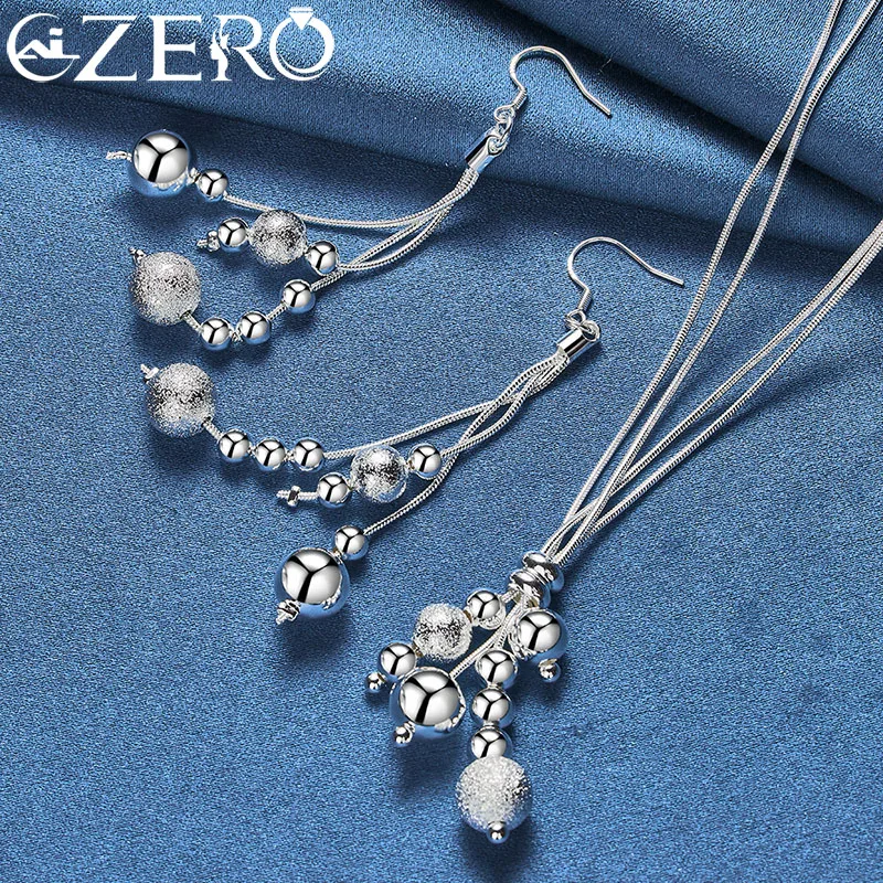 ALIZERO 925 Sterling Silver 2pcs Sets Frosted Smooth Beads Earrings Necklace For Women Fashion Wedding Party Jewelry Set