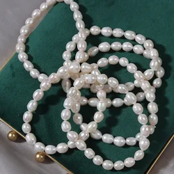 7mm Elegant Natural Freshwater Pearl Bracelets White Rice Baroque Pearl Charm Elastic Strand Bangle for Women Wedding Party Gift