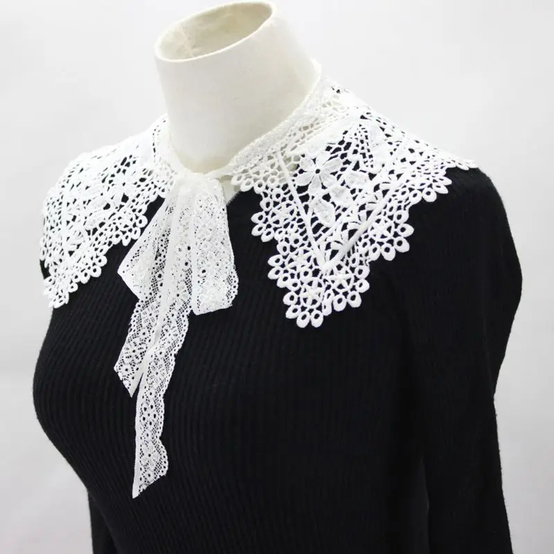 S1Y1 European Pastoral Womens for Doll False Fake Collar Hollow Out Embroidery Floral Lace Half Shirt Shawl with Bowkno