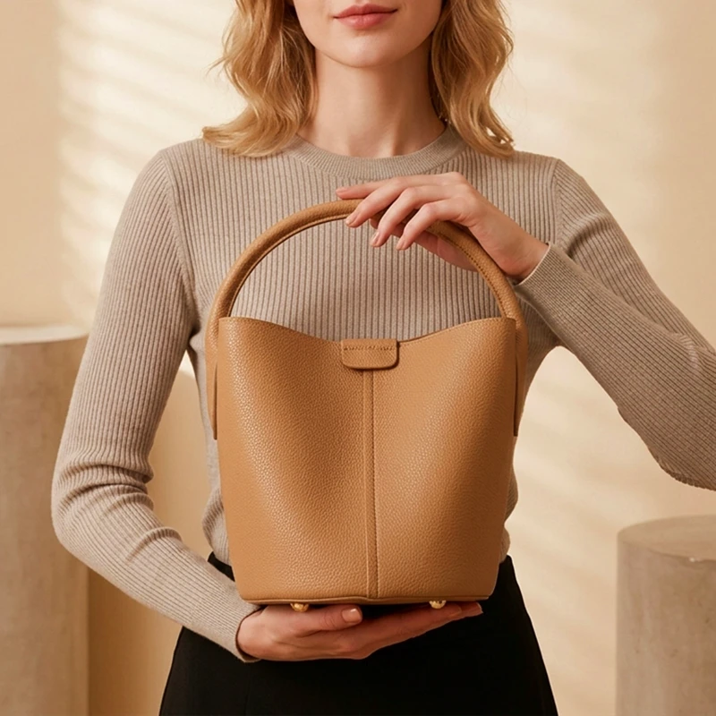 

BURMINSA Luxury Genuine Leather Bucket Bags Women Cowhide Shoulder Bag Ladies Office Top Handle Handbags Tote Crossbody Purses