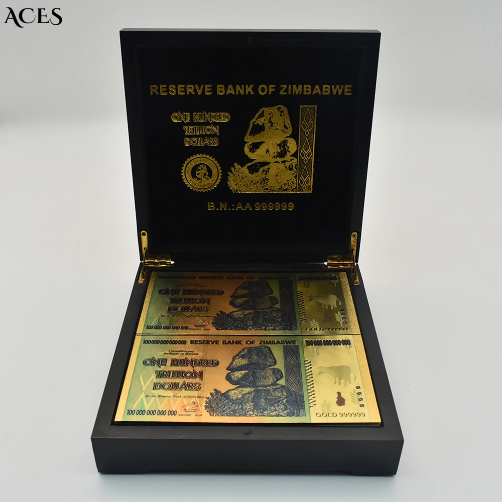 

Zimbabwe One Hundred Trillion Dollars 100pcs Gold Foil Banknotes with Specific Box Reserve Bank of Zimbabwe Art Worth Collecting