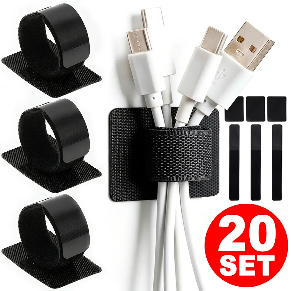 20-4Set Adjustable Long Strip Tie Cord Organizer Self Adhesive Heavy Duty Cable Ties for Home Office Under Desk Cable Management