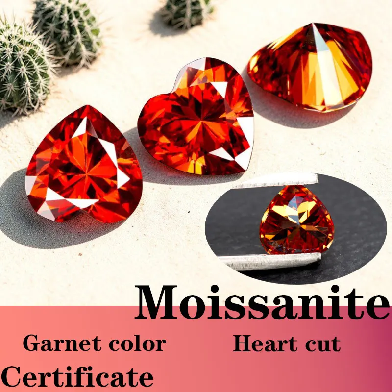 

Moissanite Heart Cut Artificial Gemstone Garnet Color Hand Cutting Certificate