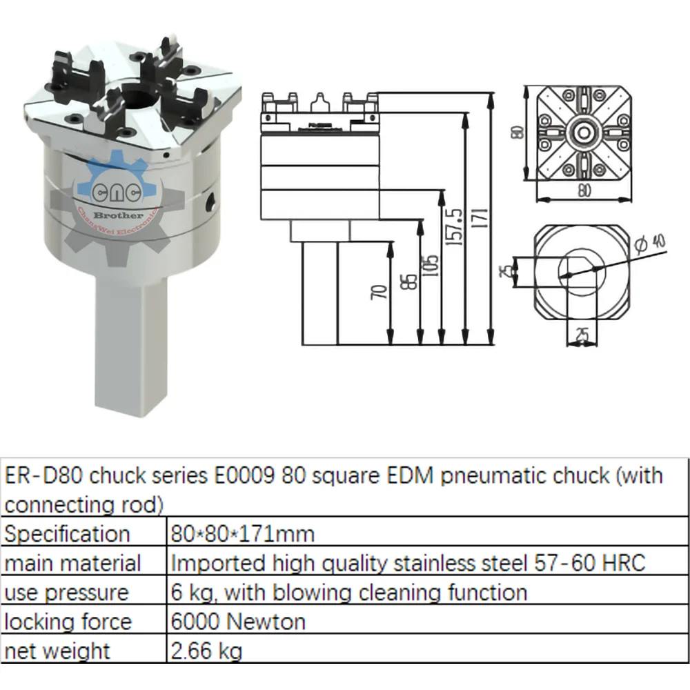 

Precision CNC Carving Chuck ER/3R Interface for EDM Spark Machine Clamping 80mm Square Pneumatic Chuck With Connecting Rod