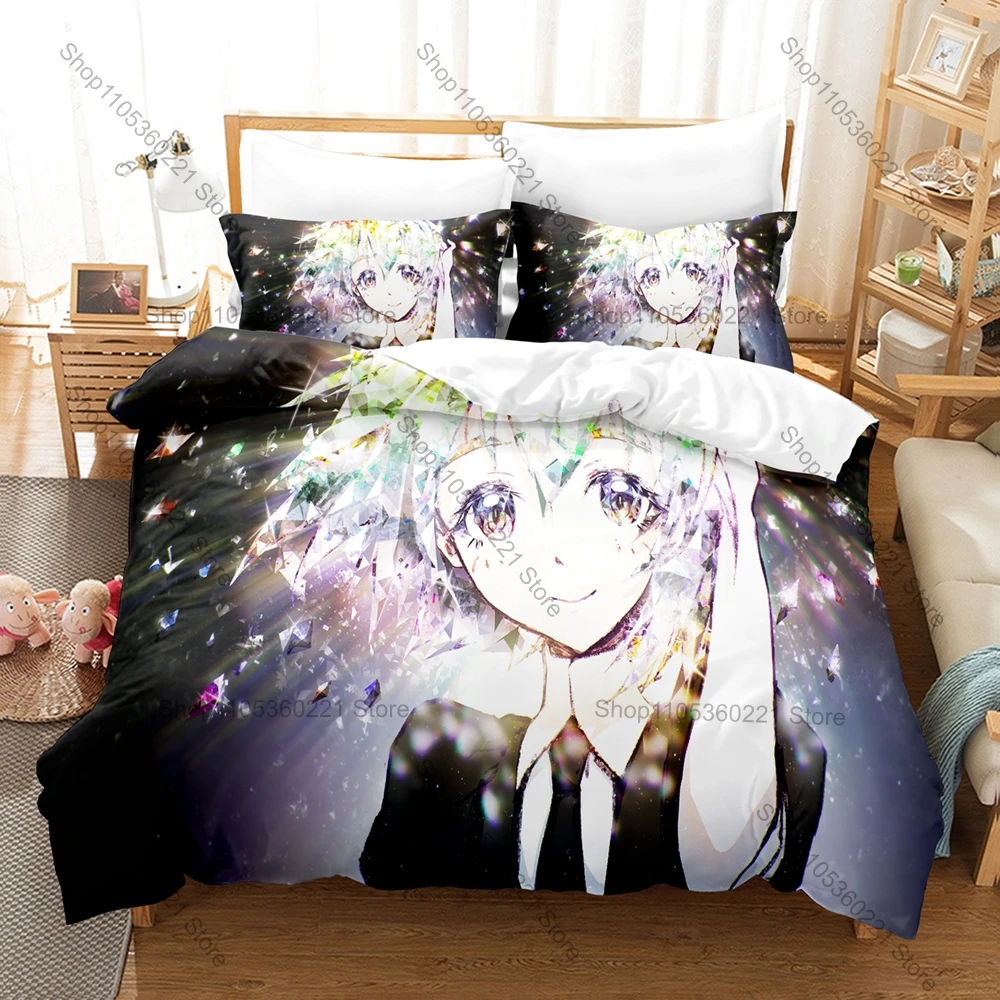 Cool Houseki no Kuni Milky White Pale Blue Light Gray Transparent Crystal Fantasy Anime Bedding Set Duvet Cover + 2 Pillowcases