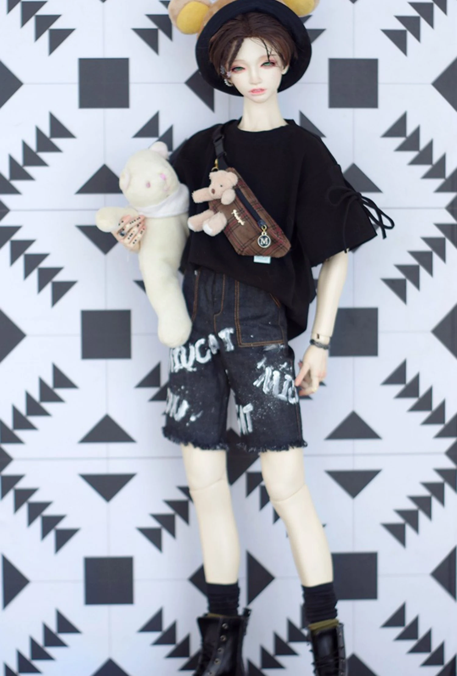 D09-P382 children handmade toy    1/3 MSD SD17 POPO68 uncle bjd doll clothes pink black Top tie short sleeved T-shirt 1pcs