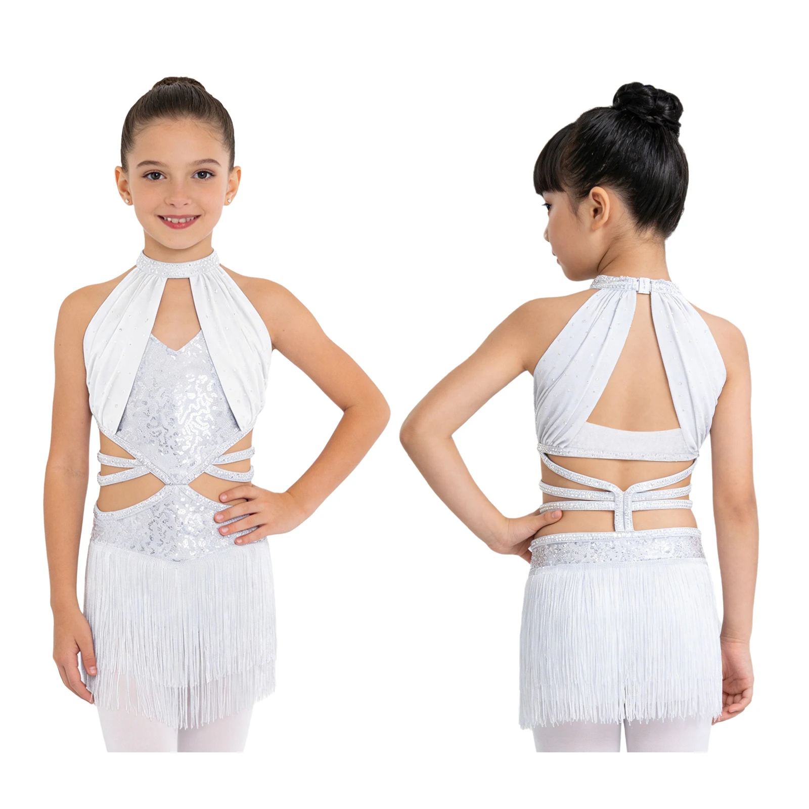 

Детское платье для латиноамериканских танцев с бахромой для девочек, для сальсы, джаза, танго, с блестящими пайетками, без рукавов, с драпированным сетчатым лифом-боди