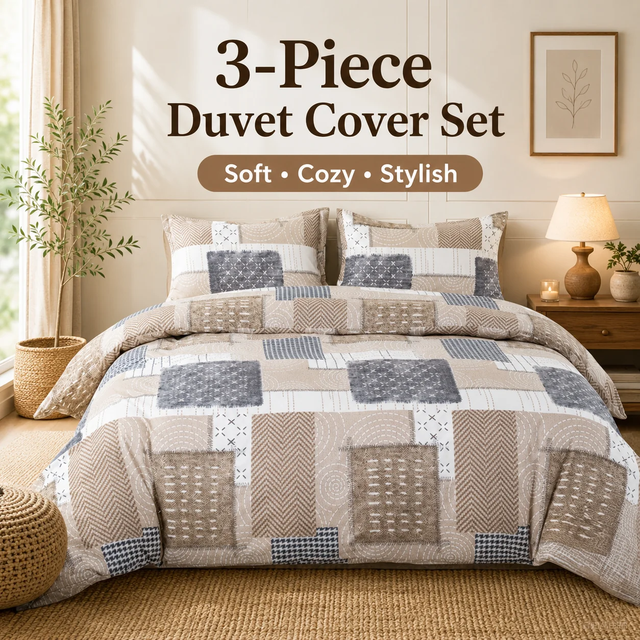 Boho Patchwork Duvet Cover Set, Beige Grey Geometric Bedding Set, Farmhouse Soft Bed Cover with Pillowcases, Twin Full Queen King Breathable and Ultra-Soft, Suitable for All Seasons, Includes 1 Duvet Cover and 1-2 Pillowcases.