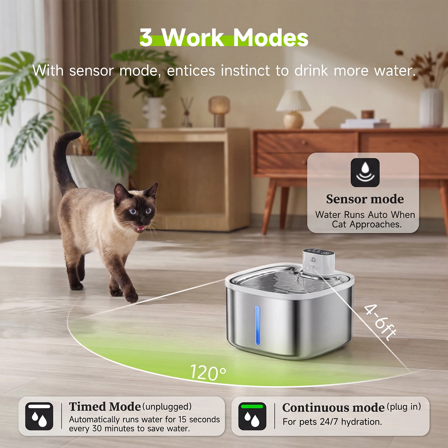 Cat Water Fountain 3.5L Wireless Inductive Pet Water Purifier,  Mute Pump and Stainless Steel Tray, 4000mAh Rechargeable Battery