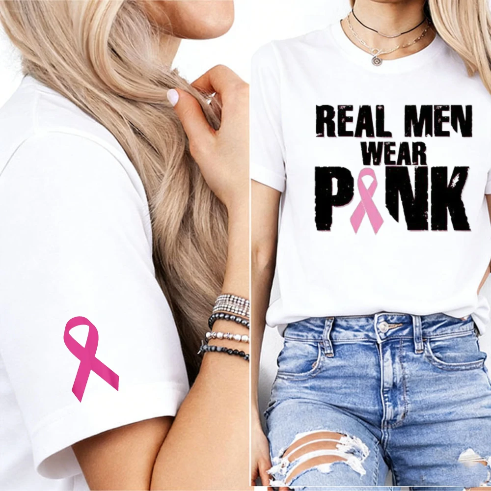 Real Men Wear Pink Letter Print Women T-Shirt Basic Pink Ribbon Cuff Graphic Breast Cancer Supporter Awareness Ladies Tee Tops