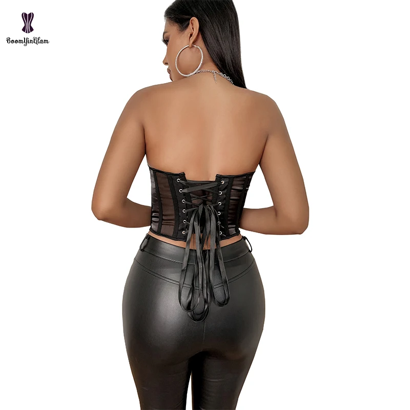 Lace Up Boned Vest Cropped Top Black See Through Mesh Lingerie Bustier Padded Bra Strapless Corset Shaper For Women