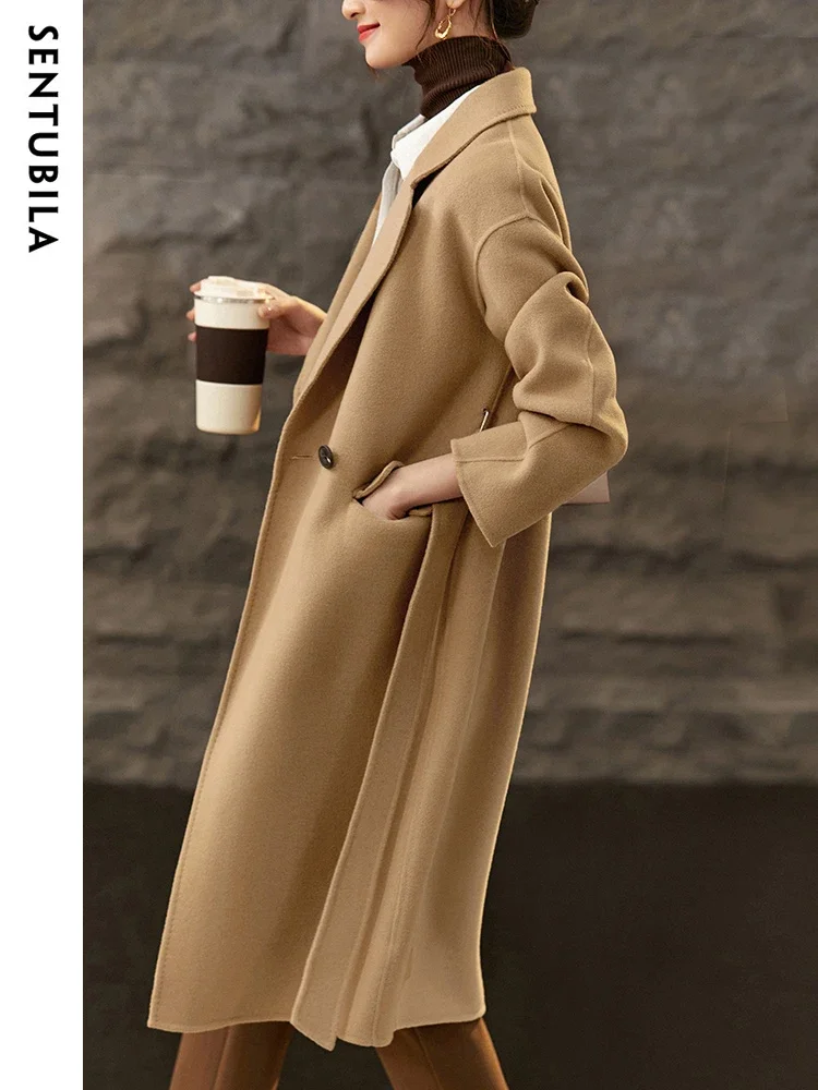 SENTUBILA Longline Wool Over Coat for Women 2024 Winter Elegant Notched Collar Belted Maxi Wool Blend Coats Outerwear W24O42057