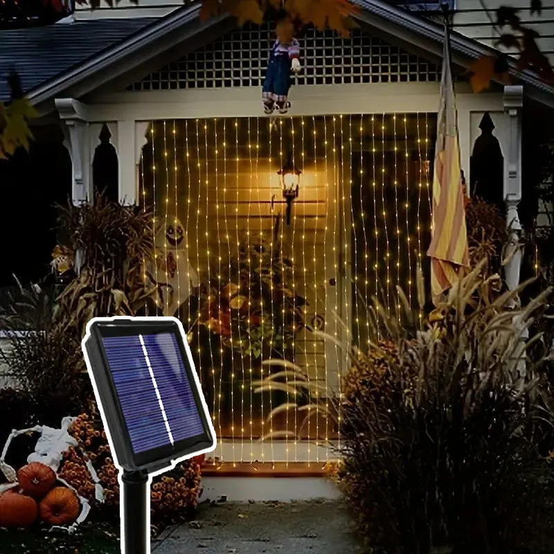 

Solar Power Curtain String Lights Outdoor Christmas Lighting 8 Lighting Modes Great for Wedding Party Pergola Garden Decoration