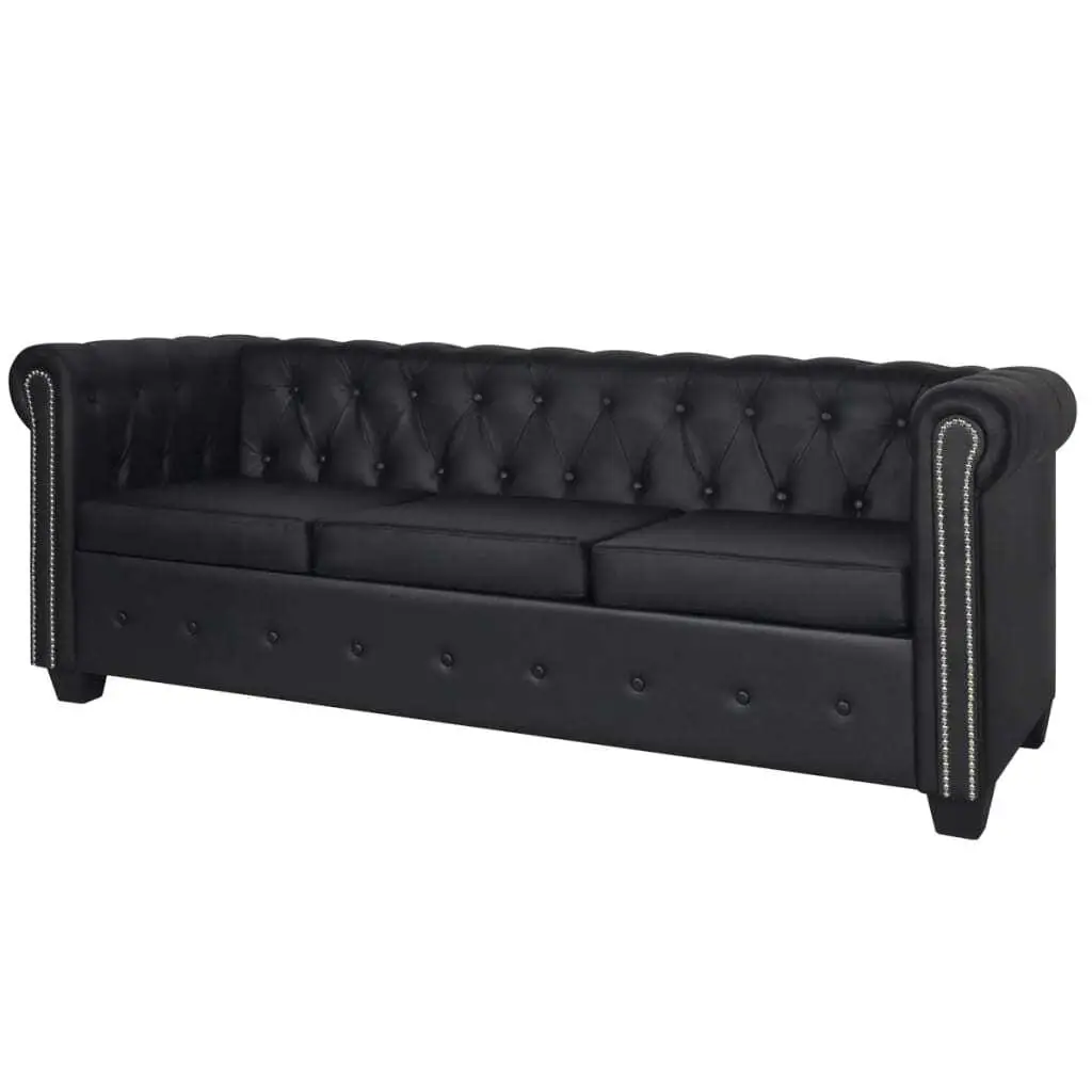 Luxury Black Chesterfield 3-Seater Sofa - Faux Leather Living Room Couch