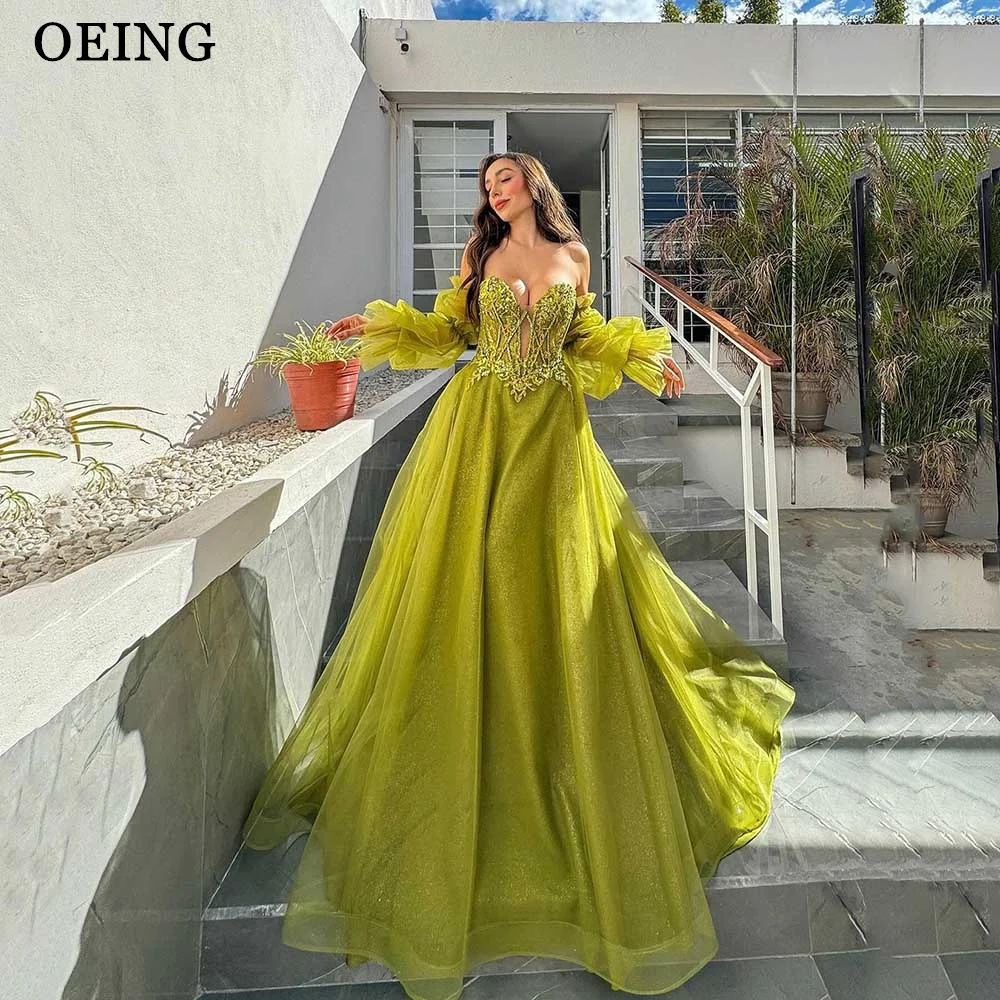 OEING Glitter Avocado Green Prom Dresses Sexy Lace Tulle Evening Dress Floor Length Party Gown Vestidos De Gala Mexican style