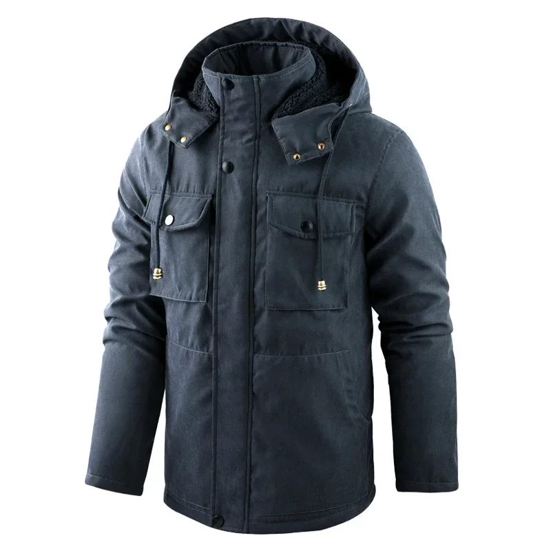 New Winter Parka Men\'s high quality Thick fleece-lined Windproof Detachable Cap Lambskin Jacket Hiking Mountain Work Warm Coat