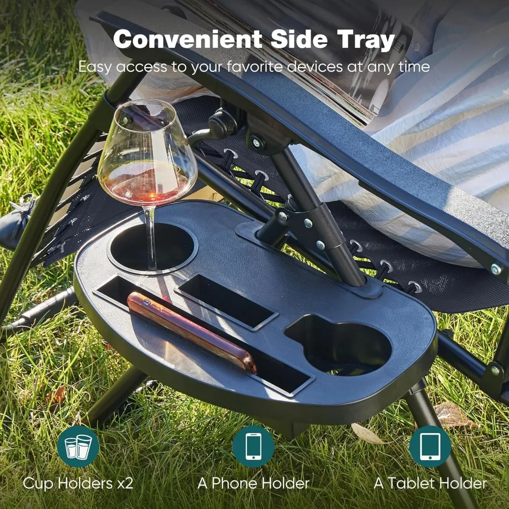 Set di poltrone lounge pieghevoli portatili a gravità zero per esterni, confezione da 2 sedie da campeggio reclinabili con cuscino regolabile e portabicchieri