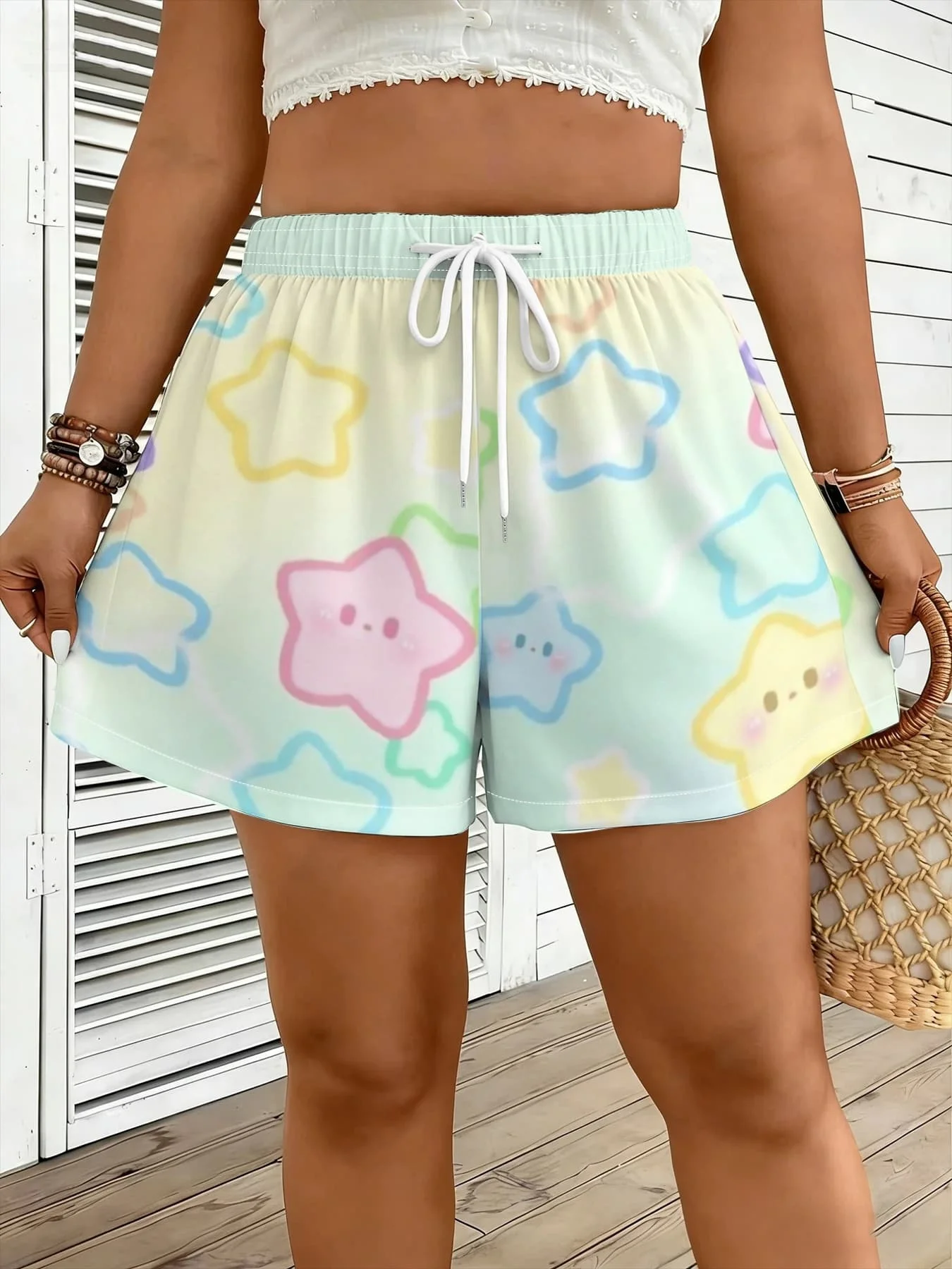 2026 New Macaron Cute Smiling Star Autumn Women's Loose Sleep Shorts with Elastic Waist Drawstring Side Pocket Casual Home Pants