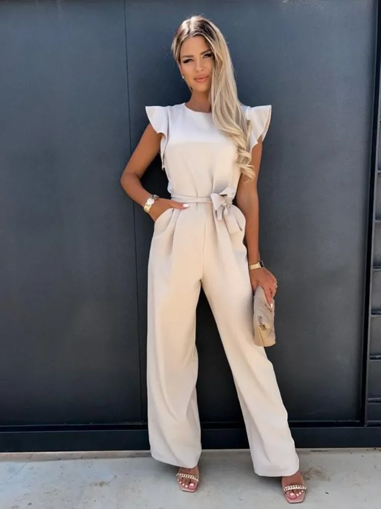 

2024 Summer Solid Color Jumpsuit Women Butterfly Sleeve Wide Leg Jumpsuits Elegant Romper Vintage Streetwear Overalls Bodysuits