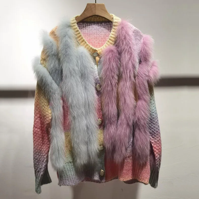 2024 Fall Knitted Cardigan Real Fox Fur Woven Coats Fashion Rainbow Gradient Colors Women Full Sleeve Loose Cardigan Sweater