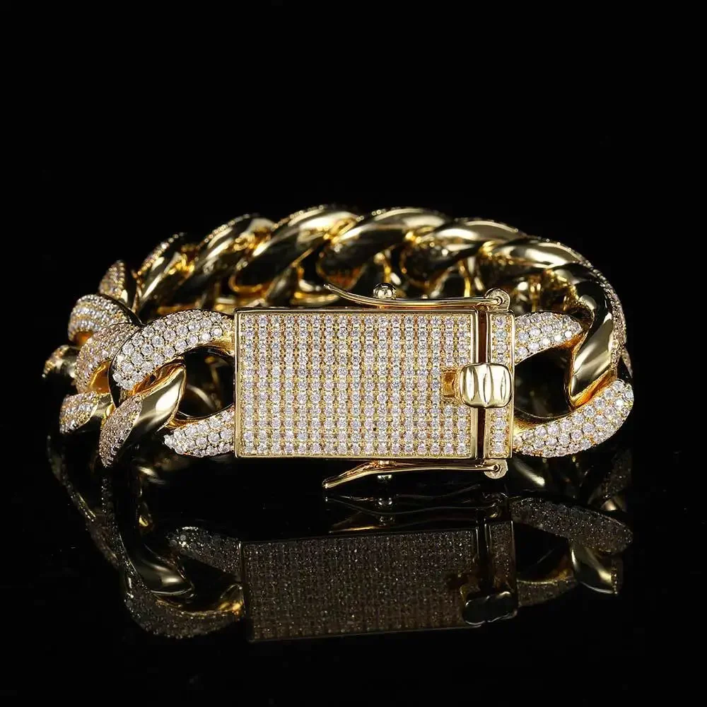 Gold Cuban Bracelet for Men Popular Hip Hop 18mm Three Rows Full of Zircon Cuban Amazon High Quality Hand Jewelry Hiphop